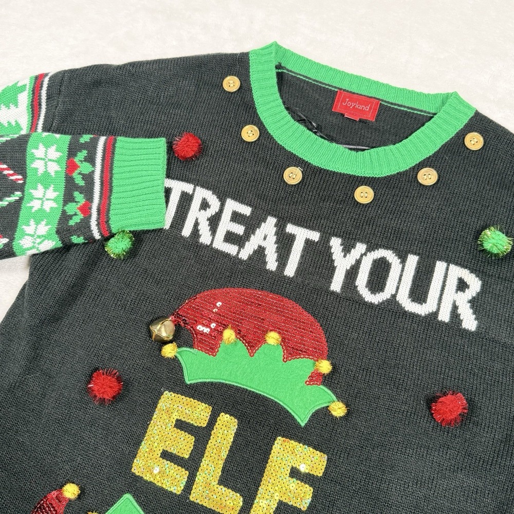 Joyland Treat Your Elf Ugly Christmas Sweater Sequin Pom‎ Pom Black Womens XL